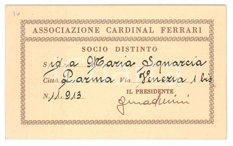 1974 MILANO Associazione CARDINAL FERRARI Tessera socio distinto 11x7 cm