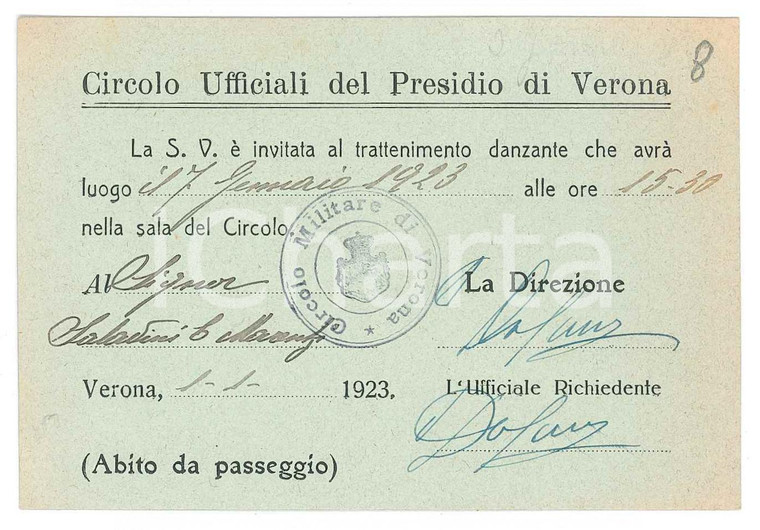 1923 VERONA Circolo Ufficiali - Invito a una serata danzante 11x7 cm