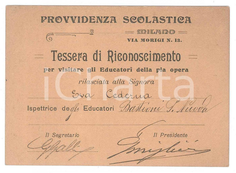 1900 ca MILANO Provvidenza scolastica - Tessera ispettrice BASTIONI PORTA NUOVA