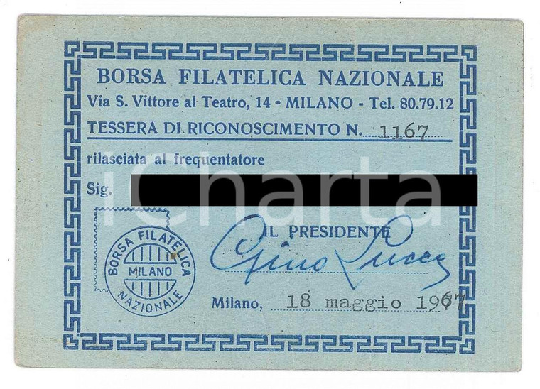 1967 MILANO Borsa filatelica nazionale - Tessera di riconoscimento 10x7 cm