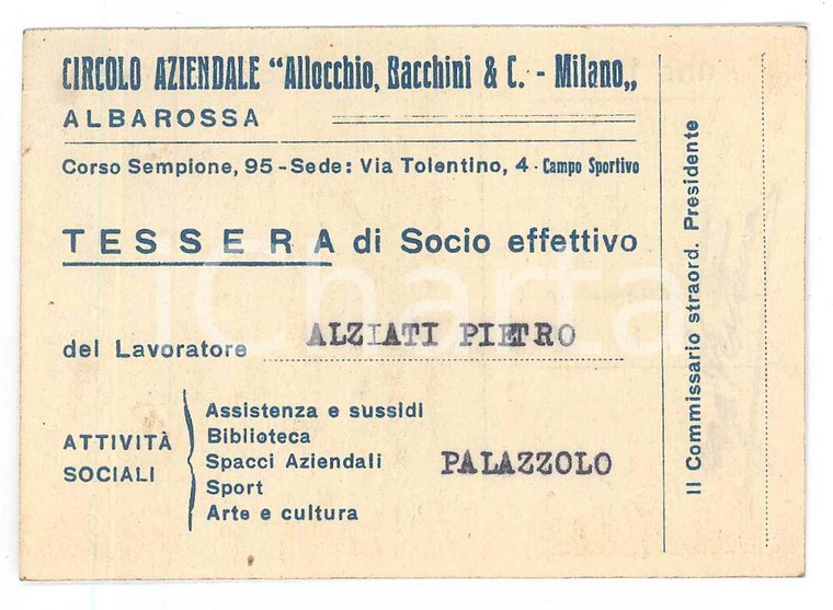 1946 MILANO Circolo aziendale ALLOCCHIO, BACCHINI & C. Tessera 9x6 cm