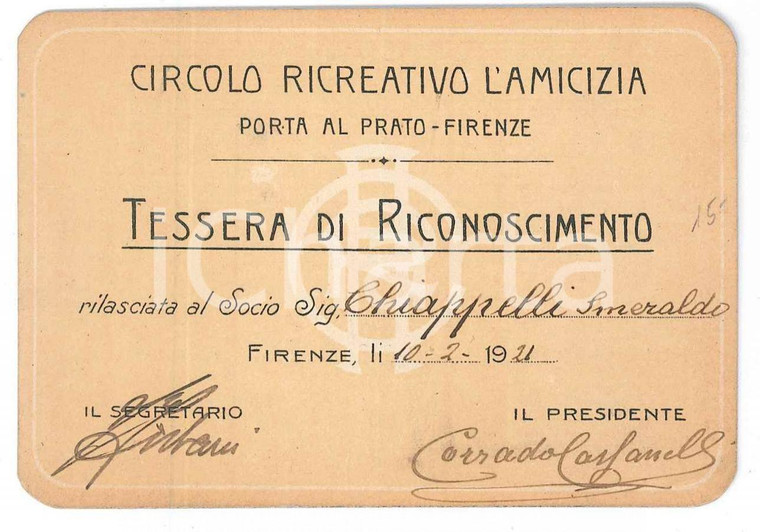 1921 FIRENZE - PORTA AL PRATO Circolo ricreativo L'amicizia - Tessera 10x7 cm