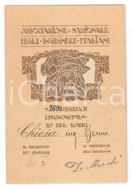 1922 VENEZIA Associazione degli Ingegneri Italiani - Tessera di Bruno CHIESA