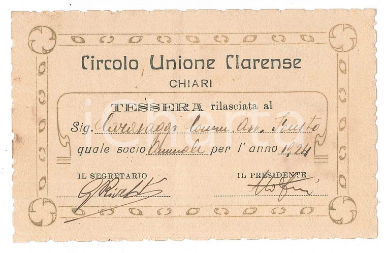 1924 CHIARI Circolo Unione Clarense - Tessera dell'Avv. Fausto CARAVAGGI 11x7 cm