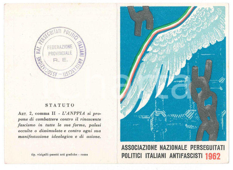 1962 ANPPIA Sez. CADELBOSCO SOPRA Tessera Perseguitati Politici Antifascisti