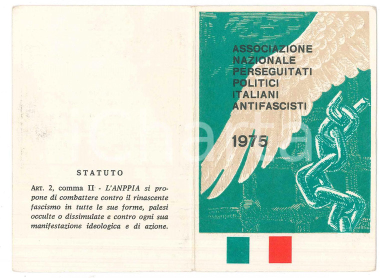 1975 ANPPIA Sezione FERRARA Tessera Perseguitati Politici Italiani Antifascisti
