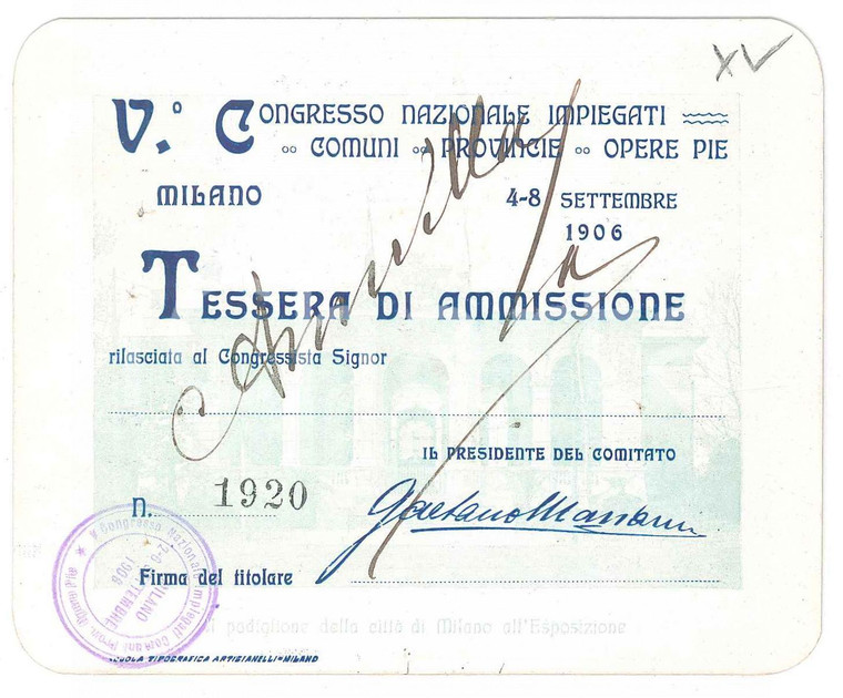 1906 MILANO - V° Congresso impiegati di comuni, provincie e opere pie - Tessera