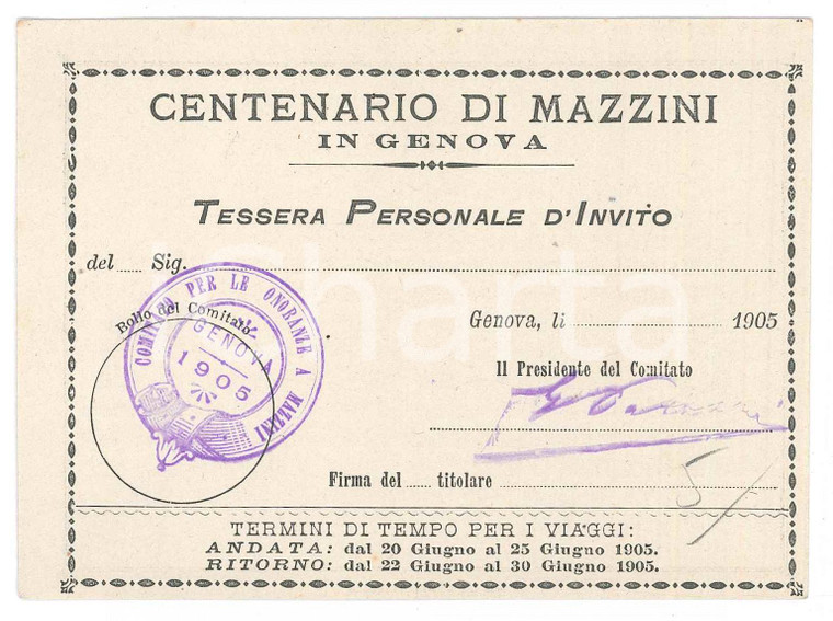 1905 GENOVA Centenario nascita di Giuseppe MAZZINI Tessera 12x9 cm