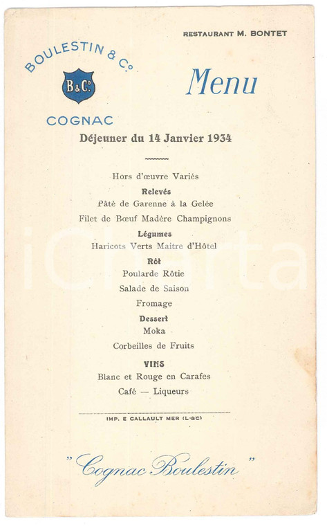1934 FRANCE Cognac BOULESTIN & C. - Menu déjeuner restaurant M. BONTET