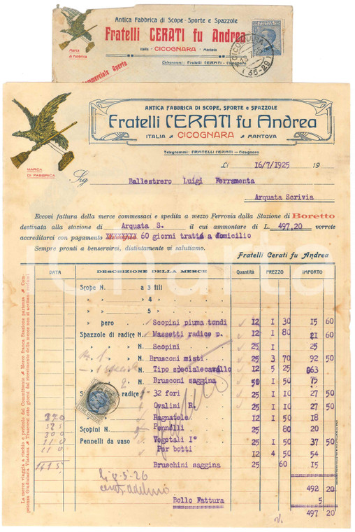 1925 CICOGNARA (MN) Fratelli CERATI fu Andrea - Scope e spazzole - Fattura