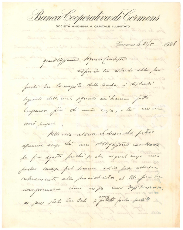 1923 CORMONS (GO) Banca Cooperativa di CORMONS - Lettera Agostino CIGLIUTTI (3)