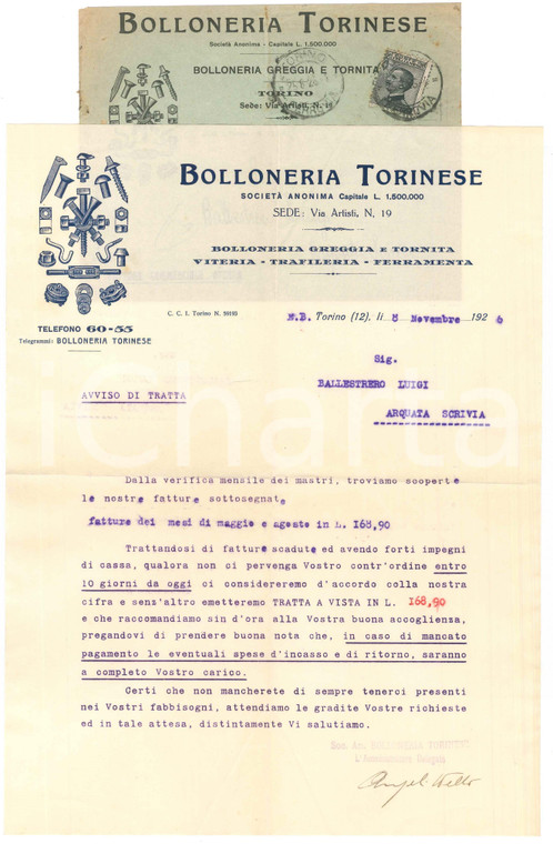 1926 TORINO Via Artisti 19 - BOLLONERIA TORINESE - Bolloneria greggia *Lettera