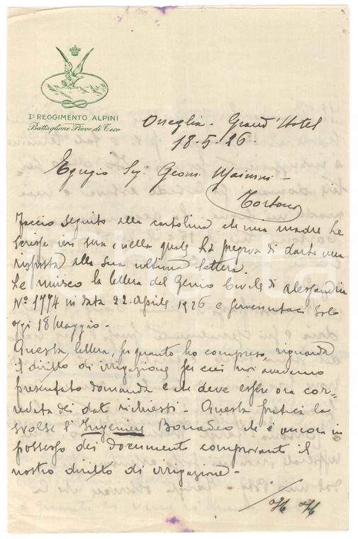 1926 ONEGLIA Lettera Angiol Paolo DI BERNARDO 3° Regg. ALPINI - Autografo