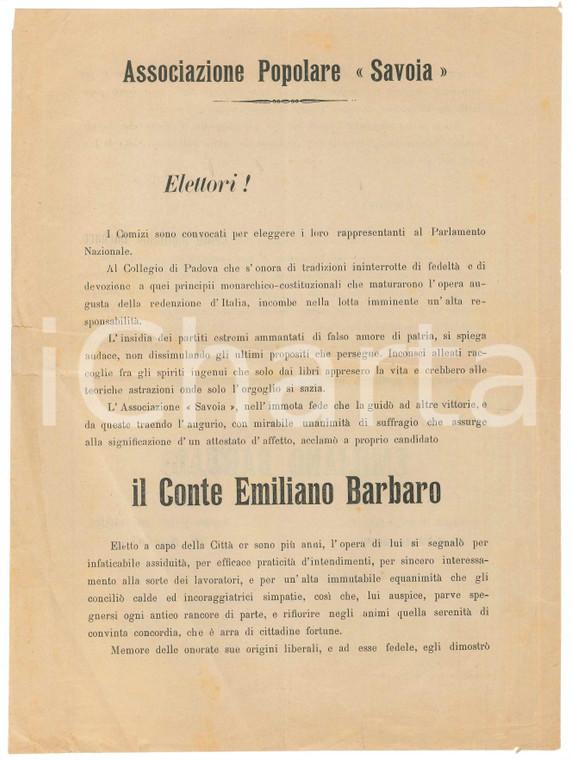 1897 PADOVA - Associazione Popolare SAVOIA - Volantino conte Emiliano BARBARO