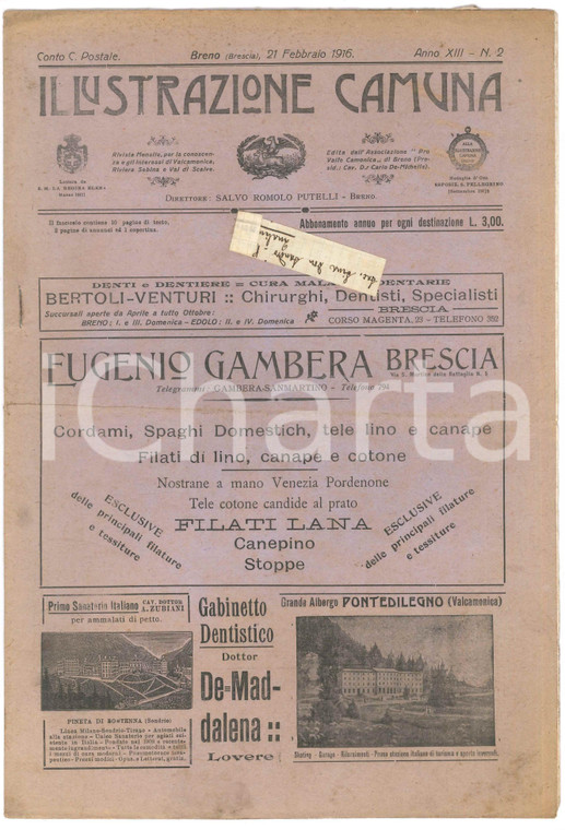 1916 BRENO ILLUSTRAZIONE CAMUNA Il medagliere CANEVALI a Breno - Giornale