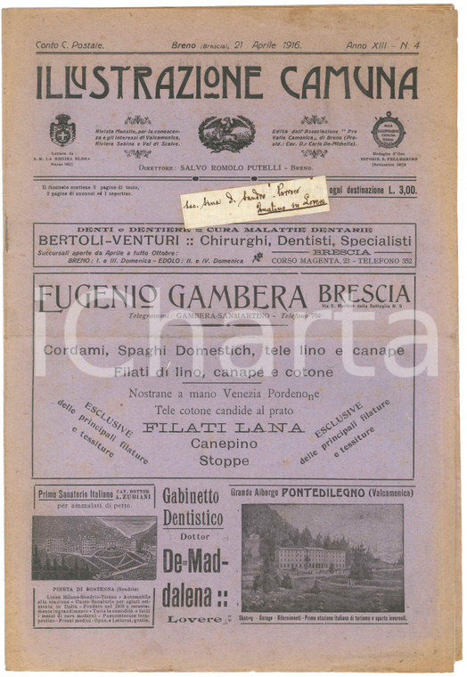 1916 BRENO ILLUSTRAZIONE CAMUNA Lotta su ghiacciai Adamello e Tonale - Giornale