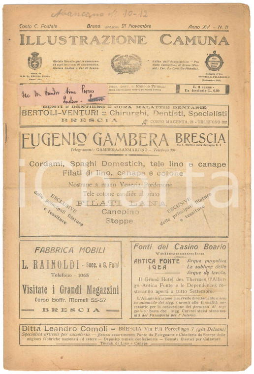 1918 BRENO ILLUSTRAZIONE CAMUNA - L'azione della PRO VALLE CAMONICA *Giornale