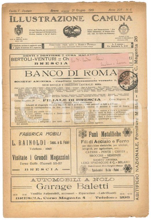 1919 BRENO ILLUSTRAZIONE CAMUNA - Padre Fortunato da Bossico *Giornale