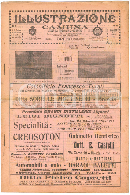 1922 BRENO ILLUSTRAZIONE CAMUNA La guerra sull'Adamello - Cinquantenario HOEPLI