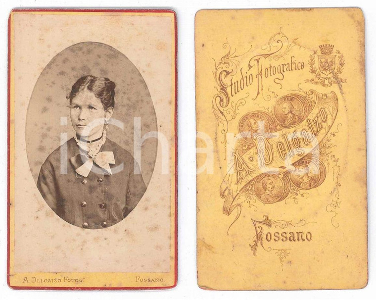 1880 ca FOSSANO (CN) Ritratto di donna con fiocco *Foto DELGAIZO CDV