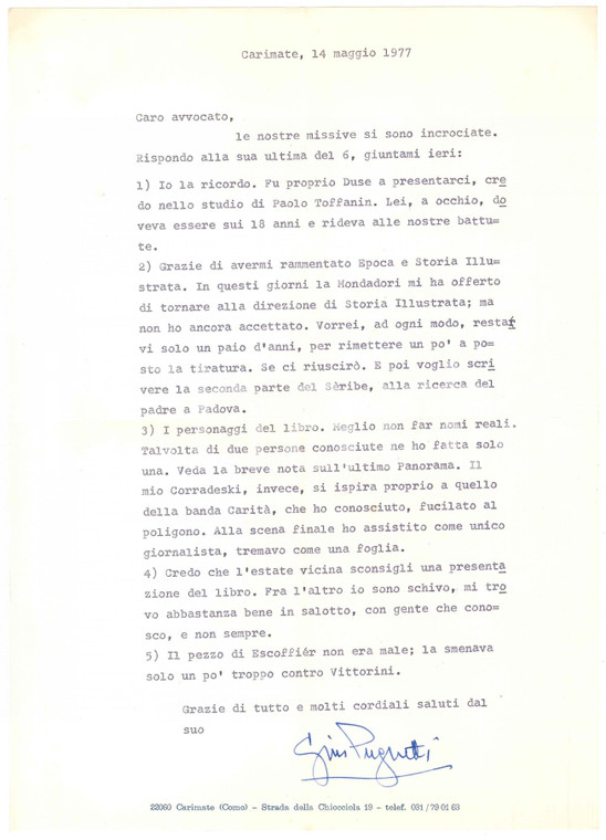 1977 CARIMATE Scrittore Gino PUGNETTI su offerta Mondadori *AUTOGRAFO