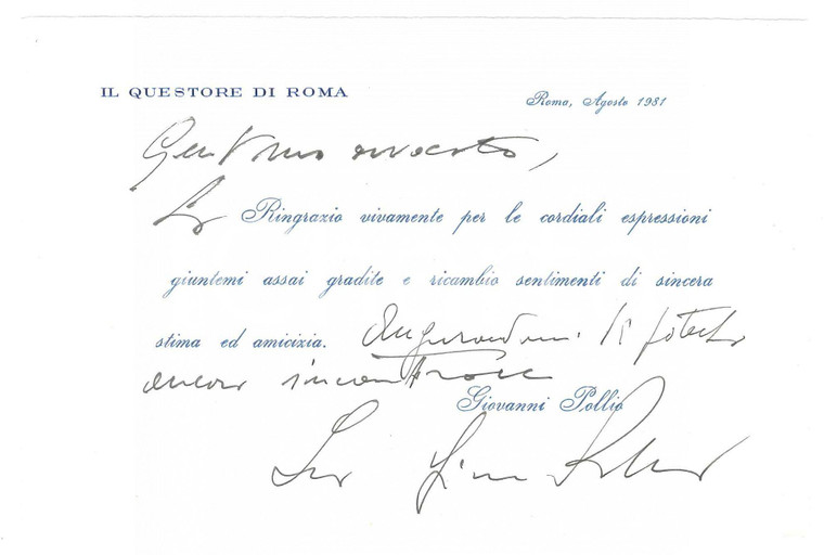 1981 ROMA Questore Giovanni POLLIO - Biglietto ringraziamento AUTOGRAFO