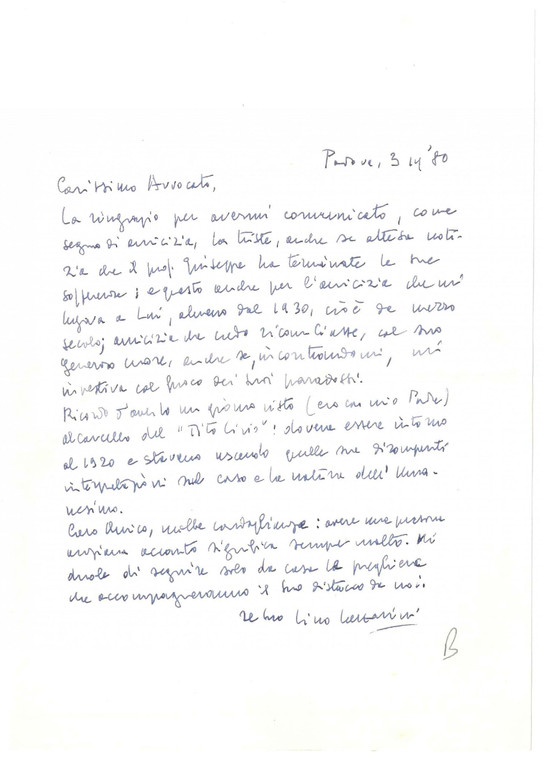 1980 PADOVA Lettera Lino LAZZARINI in morte di un conoscente *Autografo