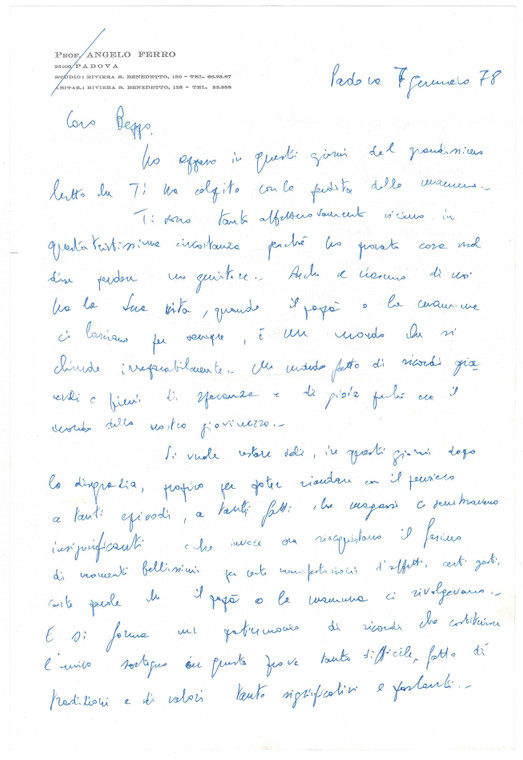 1978 PADOVA Lettera Angelo FERRO per condoglianze - Autografo