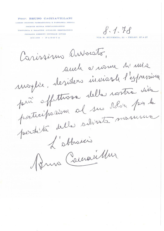 1978 PADOVA Lettera Bruno CACCIAVILLANI per condoglianze - Autografo