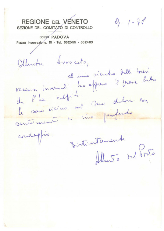 1978 PADOVA Lettera Alberto DEL PORTO - Regione VENETO  - Autografo