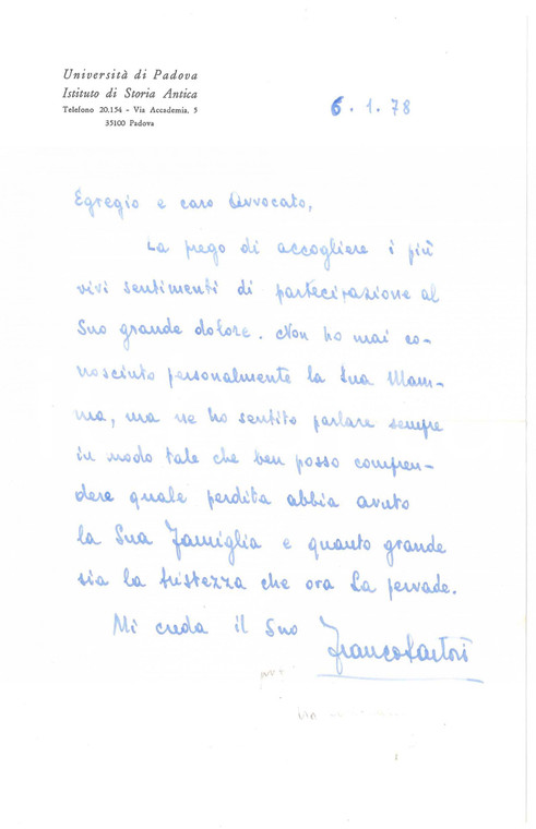 1978 Università di PADOVA - Lettera Franco SARTORI per condoglianze *Autografo