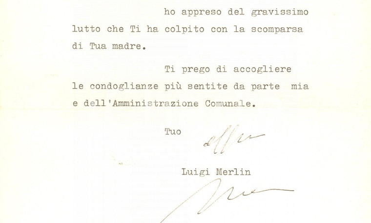 1978 PADOVA Lettera sindaco Luigi MERLIN per condoglianze - Autografo