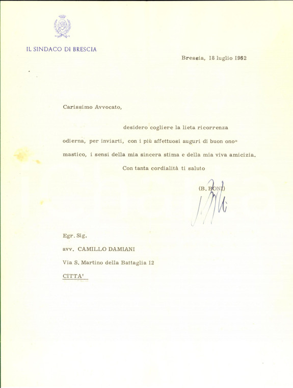 1962 BRESCIA Sindaco Bruno BONI - Lettera di auguri - AUTOGRAFO