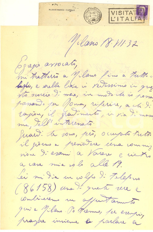 1937 MILANO Lettera Alessandro CUTOLO per appuntamento *AUTOGRAFO