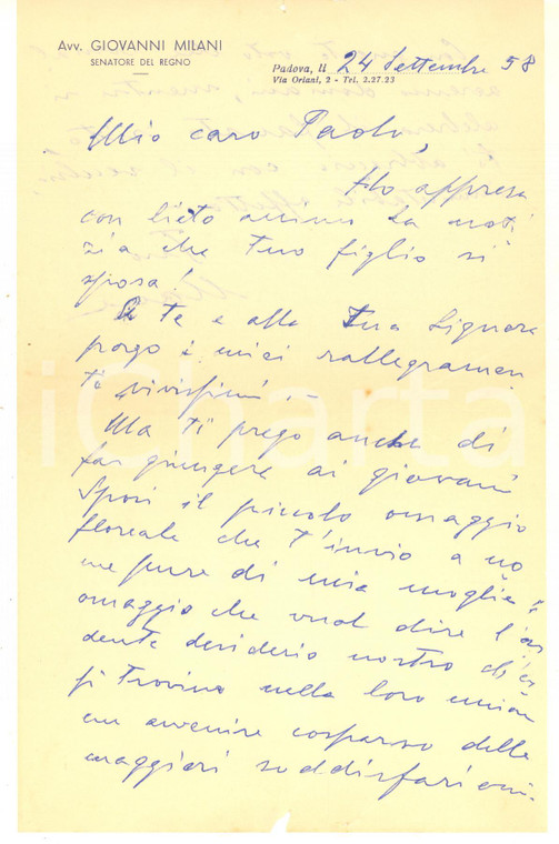 1958 PADOVA Lettera senatore Giovanni MILANI per auguri - AUTOGRAFO