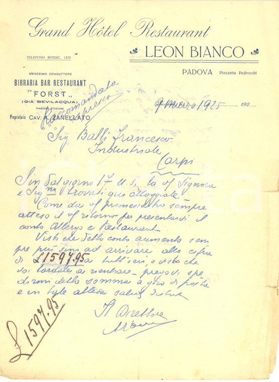 1925 PADOVA Piazzetta Pedrocchi - Grand Hotel LEON BIANCO *Lettera per conto