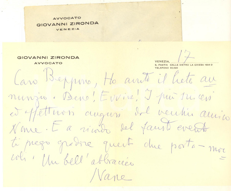 1958 VENEZIA Lettera avv. Giovanni ZIRONDA per auguri - Autografo