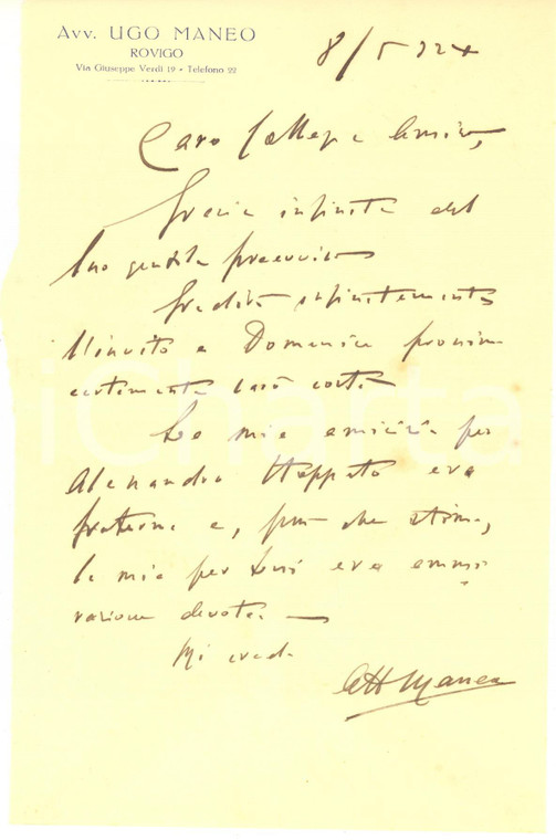 1932 ROVIGO Lettera Ugo MANEO per commemorazione Stoppato *Autografo