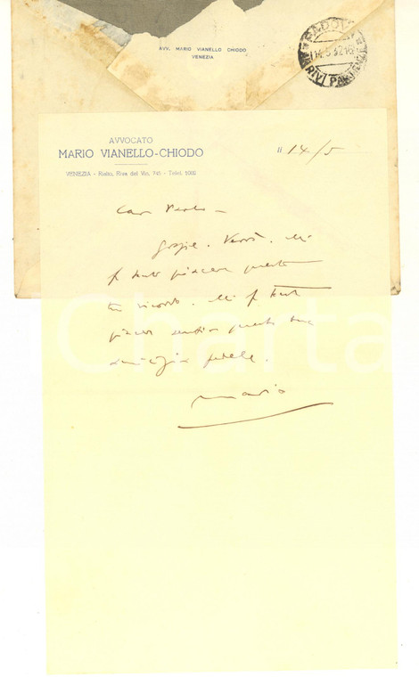 1932 VENEZIA Lettera avv. Mario VIANELLO-CHIODO per ringraziamento - AUTOGRAFO