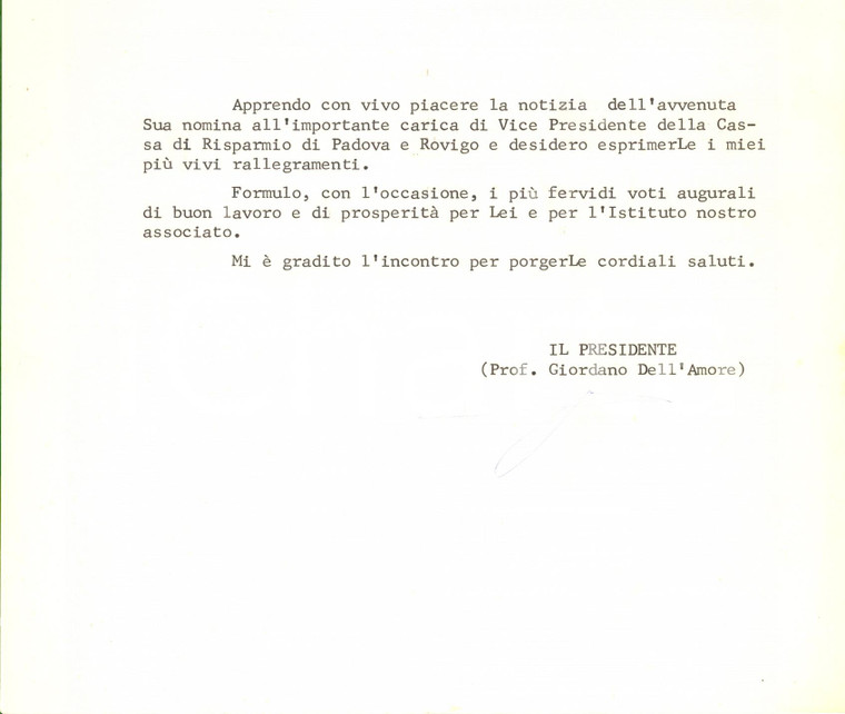 1975 ROMA Lettera Giordano DELL'AMORE Associazione Casse di Risparmio *Autografo