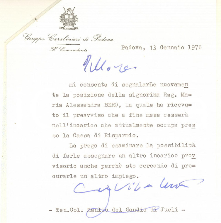 1976 PADOVA Lettera Manlio DEL GAUDIO DI JUELI pro candidata *Autografo