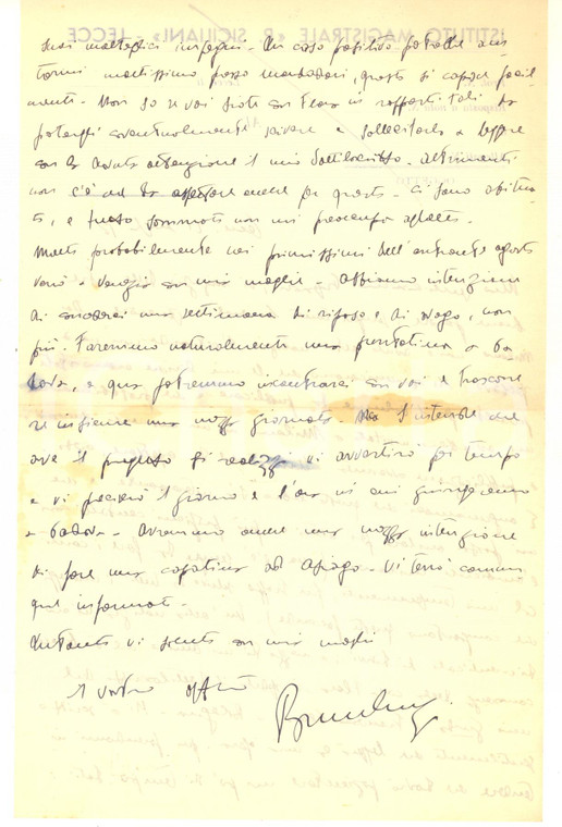 1956 LECCE Lettera Bruno LUCREZI per la diffusione di un suo libro - Autografo