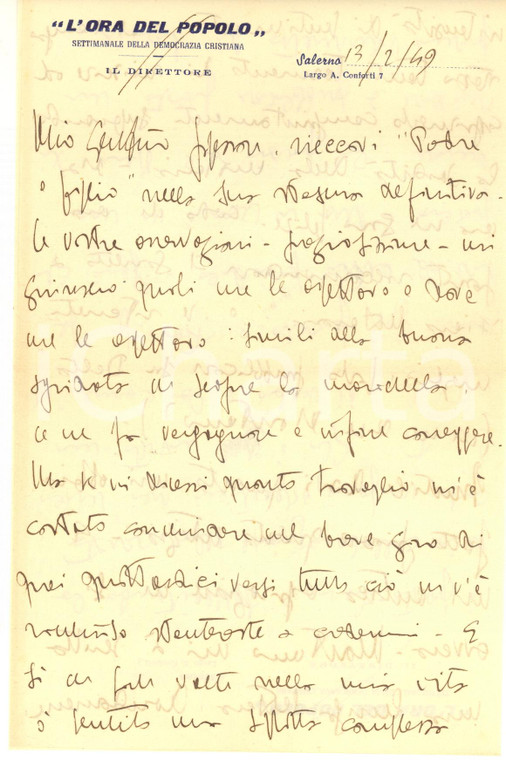 1949 SALERNO Lettera Bruno LUCREZI sulla sua attività poetica - Autografo