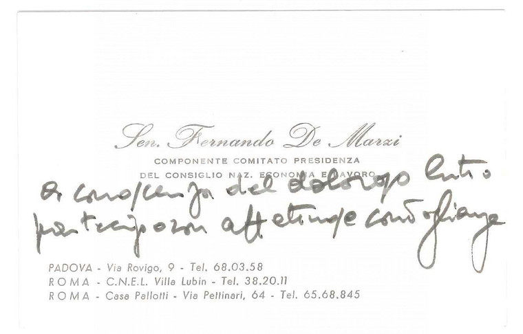 1975 ca PADOVA Senatore Fernando DE MARZI Biglietto da visita AUTOGRAFO 13x8
