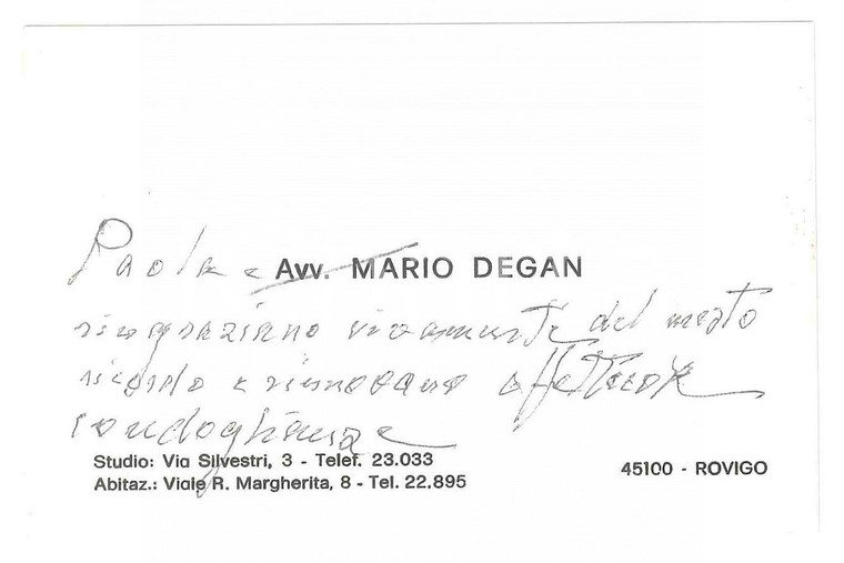 1975 ca ROVIGO Avv. Mario DEGAN Biglietto da visita AUTOGRAFO 10x7 cm