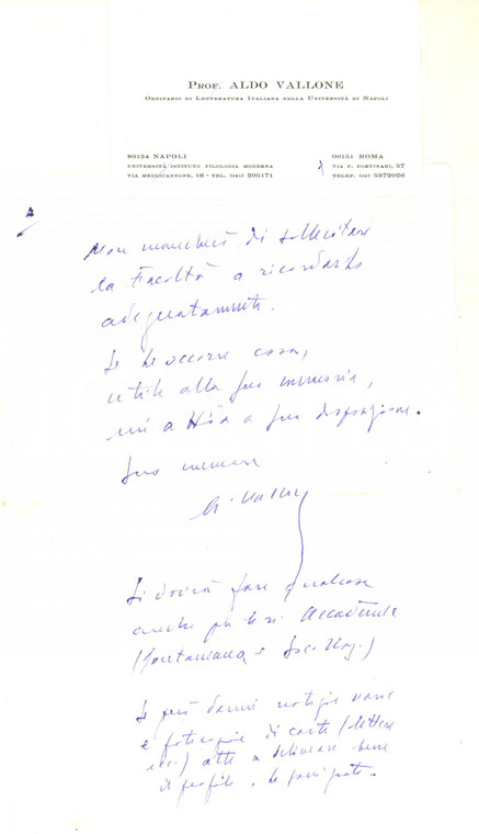 1980 ROMA Lettera Aldo VALLONE sullo zio di Giancarlo Mazzacurati *AUTOGRAFO