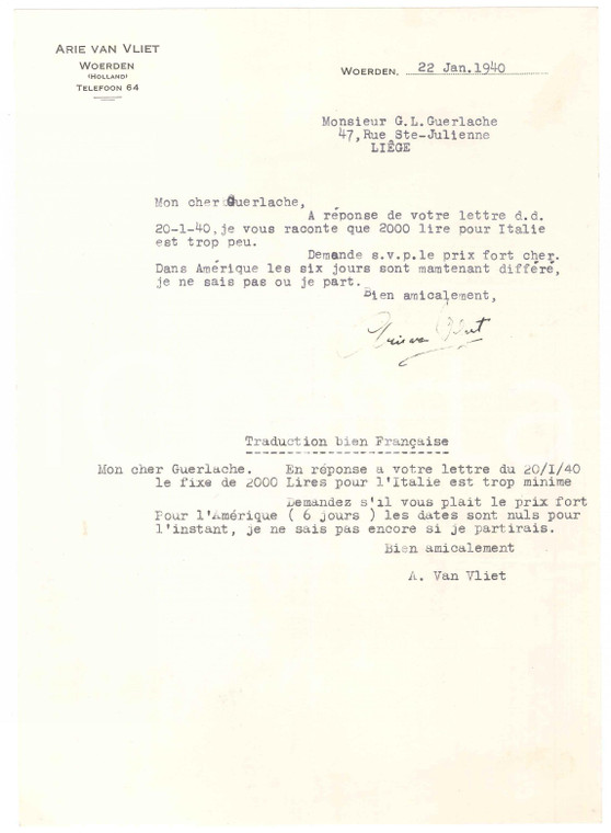1940 CICLISMO WOERDEN Lettera Arie VAN VLIET per aumento compenso - Autografo