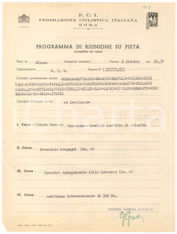 1940 CICLISMO MILANO Vigorelli - Programma riunione su pista GUERRA BARTALI
