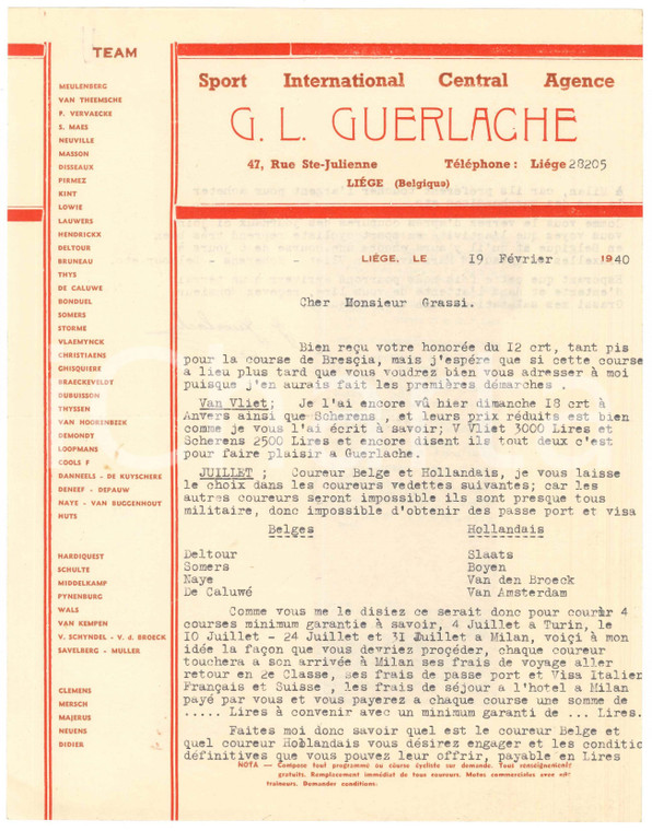 1940 CICLISMO LIEGI Guillaume GUERLACHE propone corridori per l'Italia - Lettera