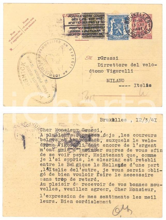 1941 BRUXELLES CICLISMO Cartolina A. VERSNICK per saldo corridori - Autografo